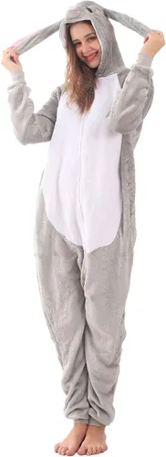 Vista 4 de LOBUJOU Pijama de una pieza para adultos, disfraz de dibujos animados de animales para mujeres y hombres, cosplay, Halloween, conejo gris