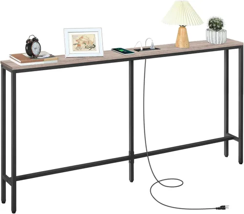 Vista 8 de MAHANCRIS Mesa consola delgada con tomas de corriente, mesa de sofá estrecha de 63 pulgadas, mesa detrás del sofá con estación de carga, mesa