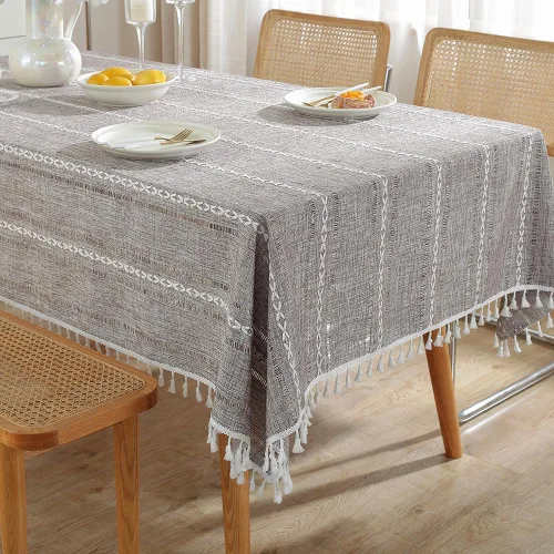 Vista 2 de meioro Mantel rústico, mantel rectangular de algodón texturizado de lino con borla, mantel de tela resistente para granja con bordado de rayas