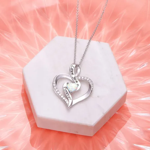 Vista 5 de Collar de corazón de ópalo para mujeres y niñas, joyería de plata de ley 925, colgante de medallón grabado con texto en inglés "I Love You", regalos