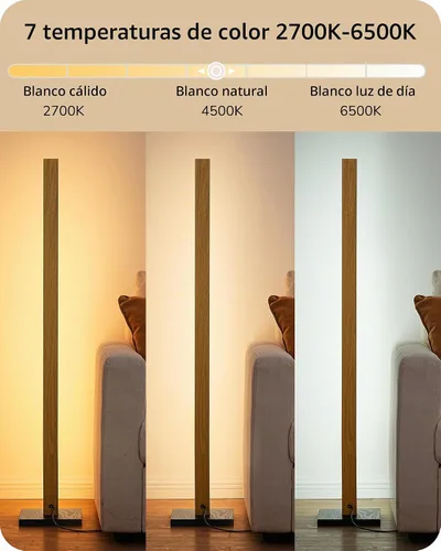 Vista 4 de EDISHINE Lámpara de pie de esquina de madera LED, lámpara de pie moderna regulable con control remoto, lámparas de pie minimalistas para sala
