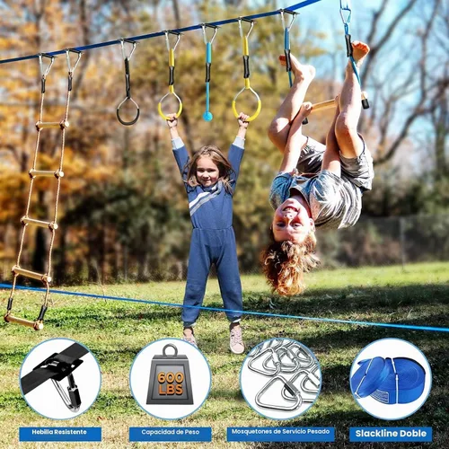 Vista 2 de Carrera de obstáculos Ninja Warrior para niños, kit de línea floja de 2 x 56 pies con 8 accesorios ninja + hebillas de ajuste rápido, barra de mono