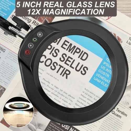 Vista 3 de VEEMAGNI Lupa grande de cristal real de 12 x 5 pulgadas con luz y soporte, 5 modos de color regulable, brazo giratorio largo LED abrazadera lámpara