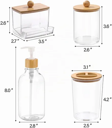 Vista 3 de Juego de accesorios de baño de bambú, 4 piezas, soporte para cepillos de dientes transparente, dispensador de jabón de plástico y 2 soportes