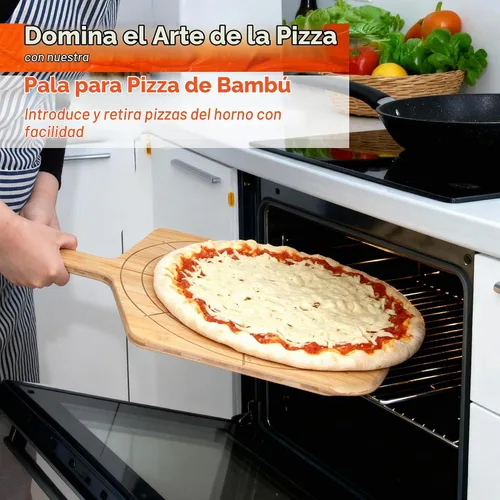 Vista 8 de Pizarra de madera de 12 pulgadas con tamaños grabados, tabla de cortar de pizza de bambú multiusos, cáscara de pizza de madera, espátula de pizza