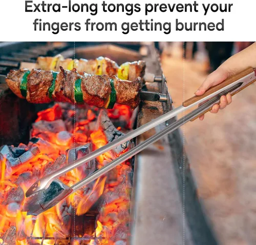 Vista 5 de XUDAKAIXIN Pinzas para barbacoa de acero inoxidable de 18 pulgadas de largo con mango de acacia de lujo extendido, herramienta de parrilla duradera