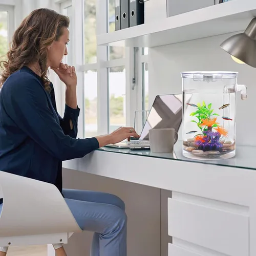 Vista 7 de Betta Fish Tank, acuario 360 con luz LED, pecera de 1 galón, kit de iniciadores de pecera pequeña, limpieza automática de tanque de peces beta como
