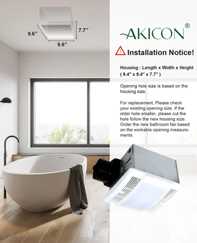 Vista 7 de Akicon Extractor de baño, ultra silencioso de 90 CFM 1.5 Sones Ventilación LED con luz (bombilla LED base E26 de 12 W incluida)