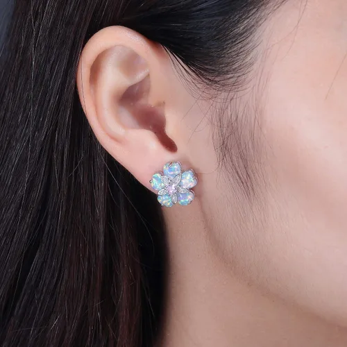 Vista 4 de CiNily Aretes tipo dormilona de ópalo con flores para mujer, chapados en rodio, hipoalergénicos, grandes piedras preciosas de 1932 pulgadas