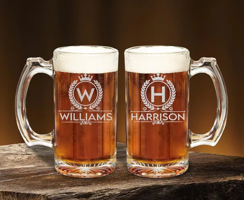 Vista 4 de Tazas de cerveza personalizadas con monograma con nombre grabado, aniversario, boda, inauguración de la casa (12 onzas)