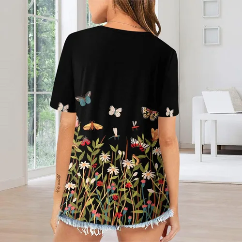 Vista 3 de Long Shirt Women Women's Summer Round Neck Flower Print Short Sleeve T-Shirt Top Blouse Juniors Summer Tops