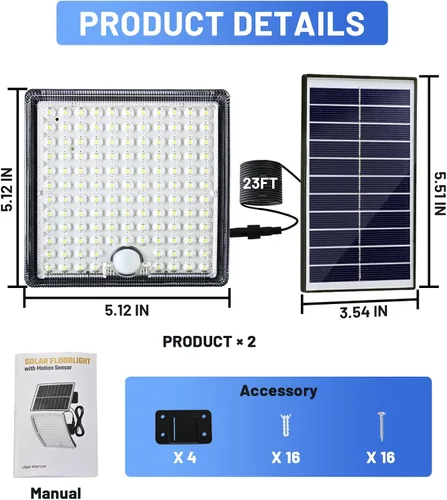 Vista 9 de Luz solar para cobertizo, luz exterior Solor con cable de 23 pies, 5 modos de movimiento, luces solares para exteriores impermeables IP65, 126