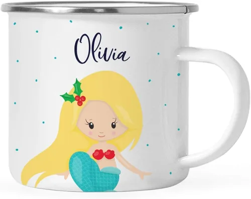 Vista 13 de Andaz Press Taza de café de acero inoxidable con nombre personalizado de 11 onzas para niños, diseño de sirena festiva, 1 paquete, taza de Navidad