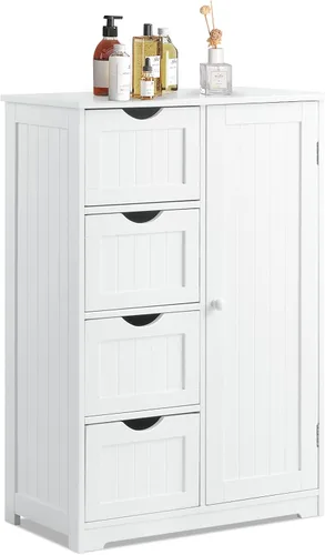 Vista 11 de COSTWAY Armario de almacenamiento de baño, organizador de almacenamiento de madera con 4 cajones profundos y estante ajustable, gabinete de piso