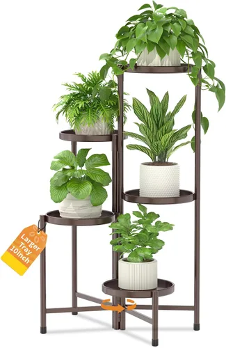 Vista 11 de LASZOLA Soporte plegable para plantas de interior de 7 niveles para múltiples macetas grandes, estante ajustable alto y resistente con bandeja de 10