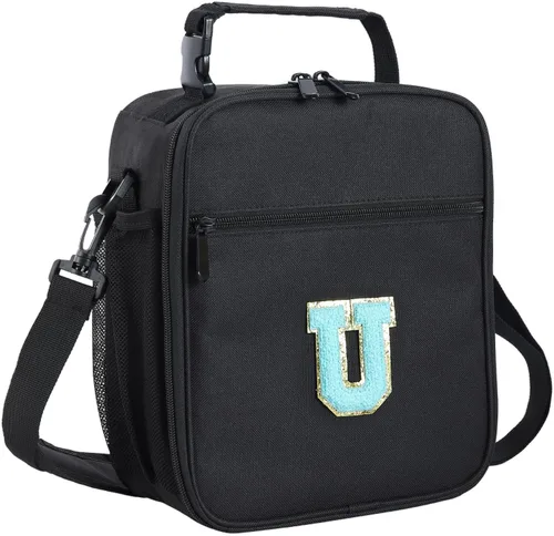 Vista 29 de ELEFOCUS Lonchera aislada con inicial para mujeres y hombres, bolsa de almuerzo personalizada con monograma con correa de hombro ajustable