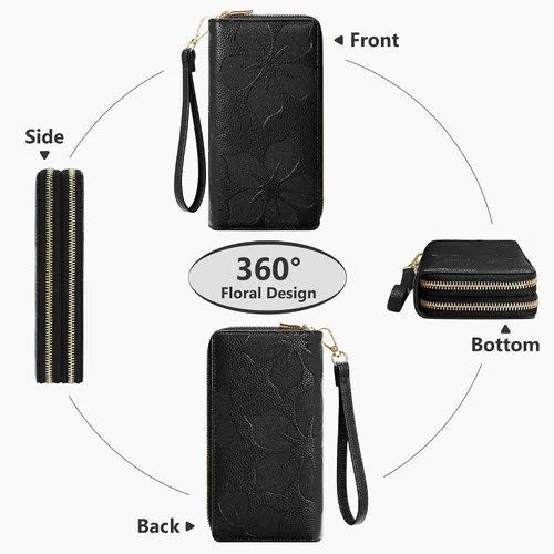 Vista 5 de Espera Cartera de mujer con bloqueo RFID de gran capacidad, tarjetero con doble cremallera, de cuero, con cartera para mujer con correa