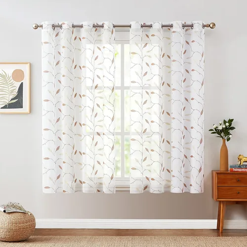 Vista 2 de Cortinas transparentes para sala de estar, cortina con ojales, parte superior de hojas bordadas, cortinas semi transparentes, 2 paneles de 63