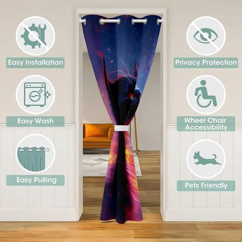 Vista 3 de Manfei Bonita cortina de puerta de gato negro Kawaii para puerta de armario, cortinas opacas con temática de animales estrellados, cortina opaca