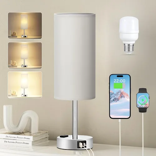 Vista 24 de Fenmzee Juego de lámparas de mesa pequeñas táctiles regulables de 2 a 3 vías, carga USB A + C, salida de CA, base de grano de madera, bombillas