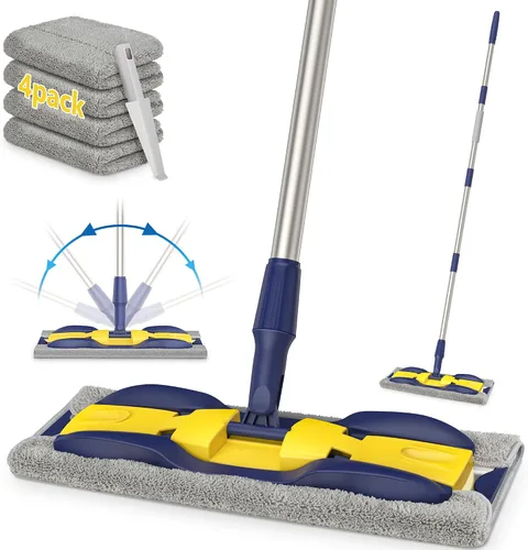 Vista 6 de Trapeadores de microfibra para limpieza de pisos: trapeador plano de madera dura 4 almohadillas lavables 59" Adjustable Handle, 360° Rotating