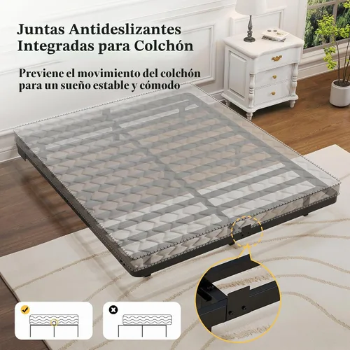 Vista 5 de Base de cama flotante con luces LED y estación de carga - Base de cama moderna de plataforma metálica con juntas de colchón - Libre de ruido,