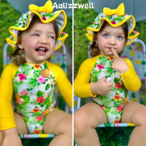 Vista 34 de Aalizzwell Traje de baño de una pieza de manga larga con sombrero para bebé niña