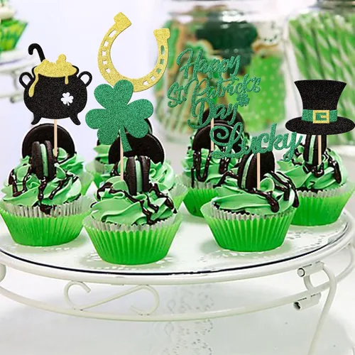 Vista 7 de 24 piezas de adornos para cupcakes del día de San Patricio, trébol con purpurina de tres hojas, trébol de la suerte, para cupcakes, sombrero