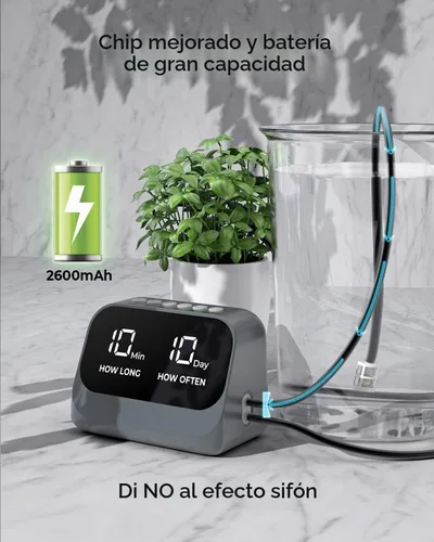 Vista 4 de Riego automático para plantas en maceta, utilizando un temporizador programable inteligente, cuenta con una pantalla LED impermeable, una batería