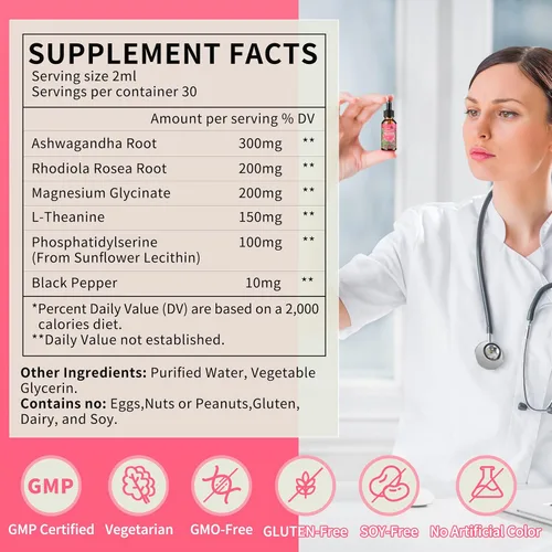 Vista 3 de Hudetex Suplementos de cortisol para mujeres, gotas líquidas, administrador de cortisol con Ashwagandha, L-teanina, fosfatidilserina, Rhodiola Rosea