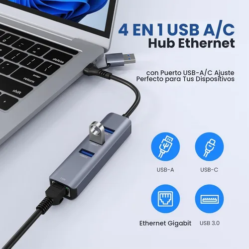 Vista 3 de Adaptador USB a Ethernet, ABLEWE Adaptador de Red USB 3.0/USB C a RJ45 Gigabit LAN (1000Mbps), Compatible con MacBook/Pro/Air, iPhone 15/16 Pro/Max