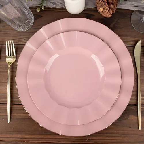 Vista 69 de Tableclothsfactory Paquete de 10 platos redondos de plástico negro de 6 pulgadas para ensalada de postre, platos desechables con borde ondulado