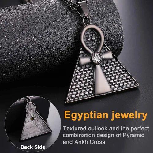 Vista 3 de U7 Collar Ankh para hombres y mujeres, acero inoxidable, color negro, joyería egipcia, colgante de cruz Ankh, collares africanos con cadena de 22