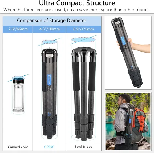 Vista 4 de Trípode compacto ligero de fibra de carbono de 1.57 pulgadas con cabezal de bola de perfil bajo de 1.57 pulgadas, soporte de cámara de viaje