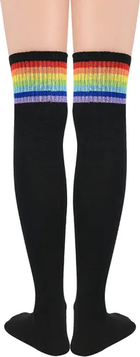 Vista 3 de Calcetines altos hasta el muslo para mujer, calcetines a rayas por encima de la rodilla, calcetines deportivos suaves y cálidos