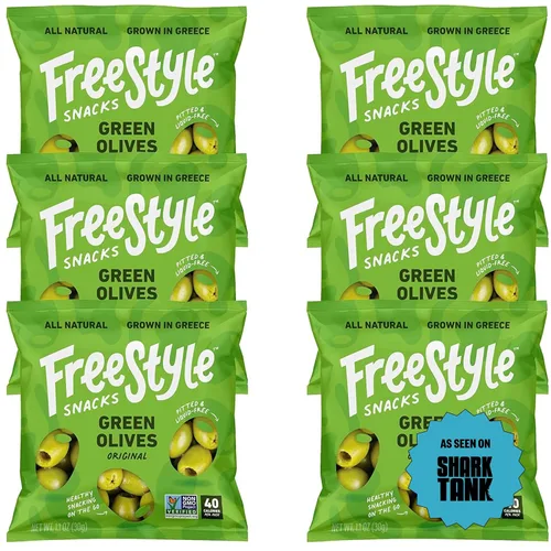 Vista 11 de Freestyle Snacks Paquetes de aperitivos de oliva, como se ve en Shark Tank, una sola porción, aceitunas frescas sin hueso, cultivadas en Grecia
