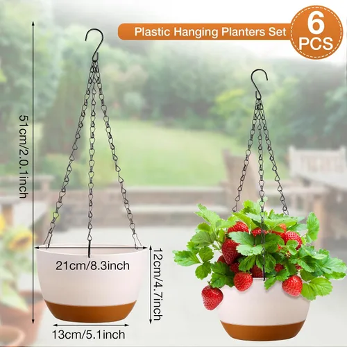 Vista 2 de Mumufy 6 macetas colgantes de 8 pulgadas para plantas de interior y exterior, macetas colgantes de plástico con orificio de drenaje y platillo