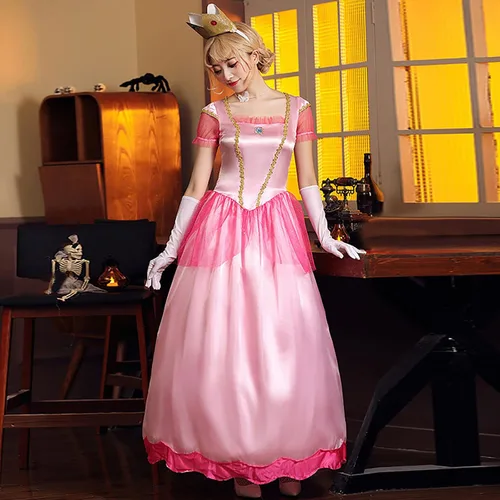 Vista 2 de jxsoyen Juego de 3 piezas de vestido de princesa melocotón para adultos, fiesta de máscaras, disfraz de cosplay para fiesta de Halloween con guantes
