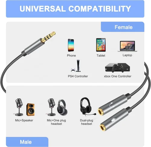 Vista 2 de Divisor de auriculares TRRS Adaptador de auriculares y cable divisor estéreo macho a 2 hembras separados micrófono y audio compatible con PS4 Xbox