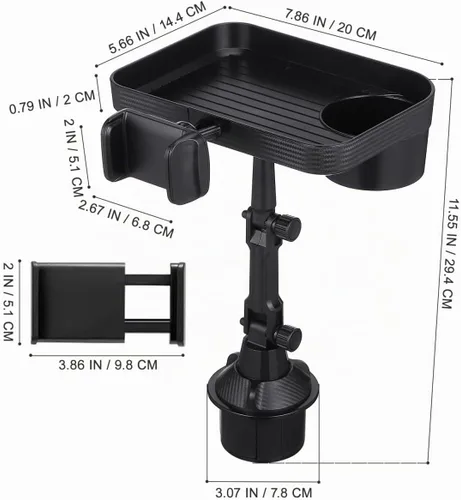 Vista 2 de CALLARON Bandeja portavasos, bandejas para automóvil para comer, bandeja giratoria ajustable 3 en 1 para alimentos, soporte universal para vasos