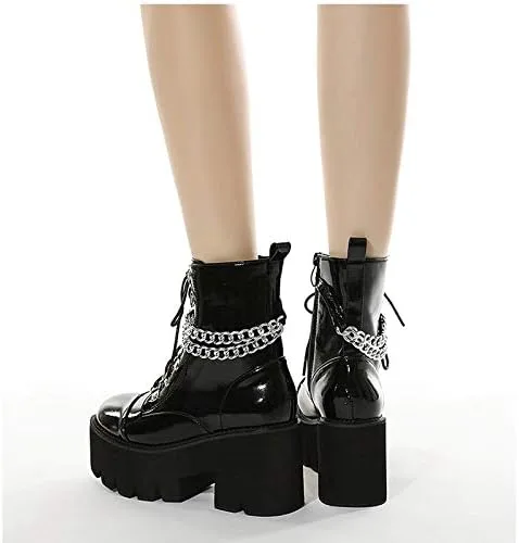 Vista 3 de Starella Botines góticos de plataforma para mujer, tacón de bloque, con cordones, botines de motocicleta de combate con cadena