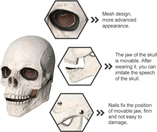 Vista 2 de Máscara de calavera con mandíbula móvil para Halloween, espeluznante esqueleto de látex, máscara de cabeza completa para adultos, disfraces de fiesta