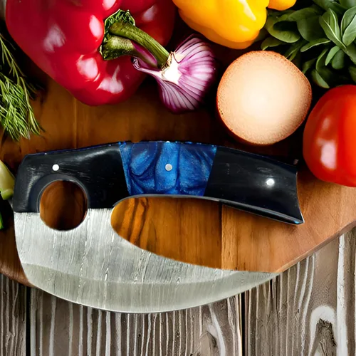 Vista 9 de Damascus Steel Alaskan Ulu con funda, cortador de pizza perfecto de 5.8 pulgadas, picador Mezzaluna para cocina, auténtico diseño esquimal inuit