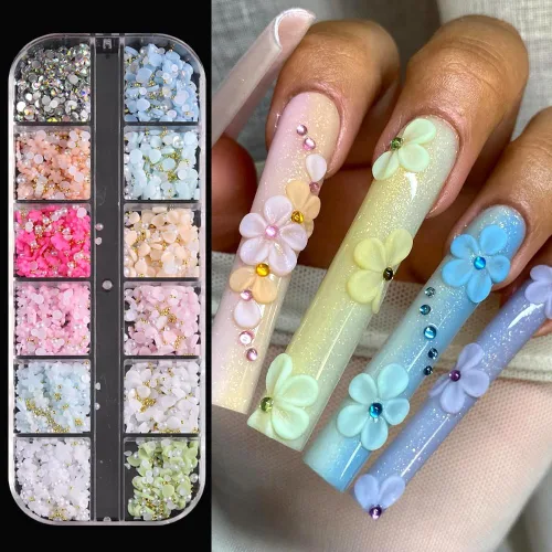 Vista 12 de Dijes de Uñas 3D Multiformas, Aurora Rosa Camelia Mariposa Flor Acrílica Lazo Transparente Corazón Blanco Perlas de Respaldo Plano Decoración