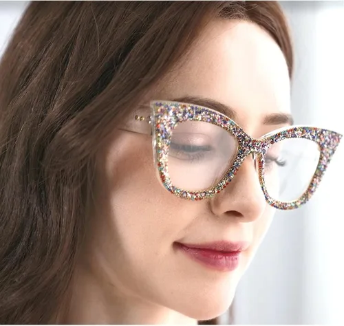 Vista 4 de Gafas de lectura con diseño de ojo de gato, diamantes de imitación brillantes con montura de diamante negro, lentes para lector de luz azul