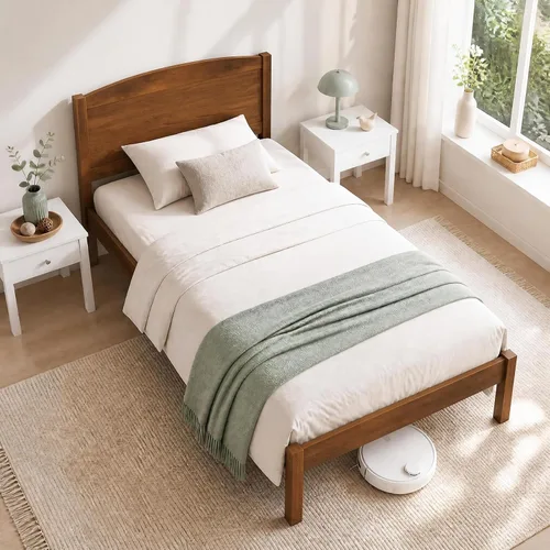 Vista 9 de KOMFOTT Marco de cama de tamaño individual, cama de plataforma de madera Nogal