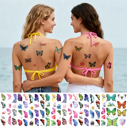 Vista 5 de 100 tatuajes temporales de mariposa, coloridas flores de mariposa pequeñas, calcomanías de tatuaje, impermeables, lindos tatuajes pequeños