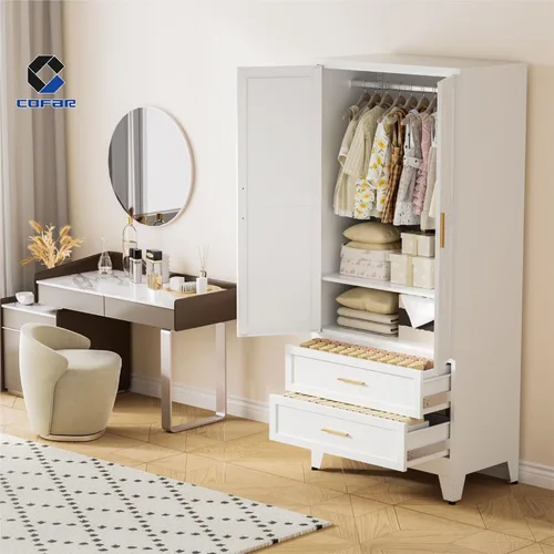 Vista 4 de COFaR Armario Armario con cajones y barra para colgar, armario de metal de 71 pulgadas con puertas y estante ajustable, armario de granja para Blanco