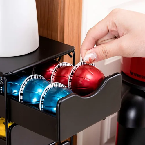 Vista 8 de FlagShip Nespresso Vertuo - Soporte para cápsulas de 60 cápsulas grandes, capacidad de 3 niveles Vertical Design Saves Counter Space Black Sturdy