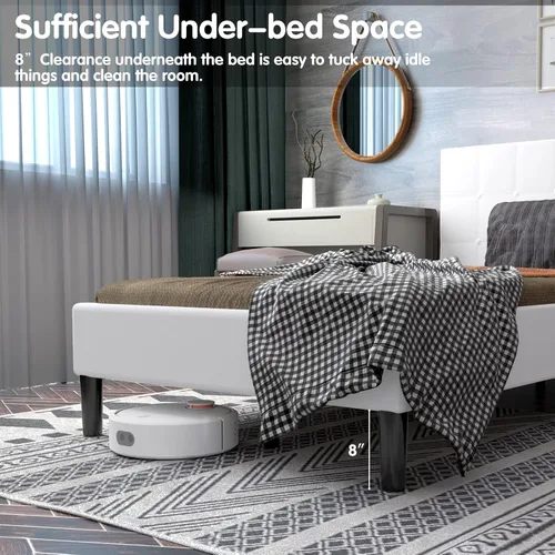 Vista 4 de Giantex Base de cama tapizada tamaño individual, cama de plataforma con cabecera capitoné con botones, base de colchón de soporte de listones